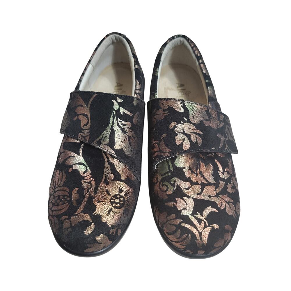 Alegria Black Floral Brocade Slip On Loafers Clogs Womens Size 37 W Comfort